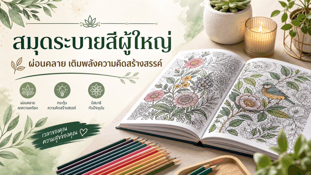 สมุดระบายสีผู้ใหญ่เปิดอยู่บนโต๊ะพร้อมดินสอสีและลายดอกไม้