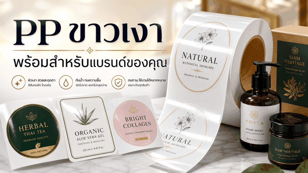 ม้วนสติ๊กเกอร์ PP ขาวเงาและตัวอย่างฉลากสินค้า